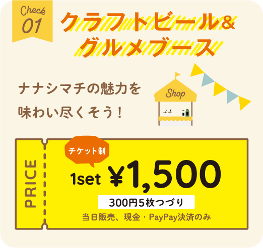 クラフトビール＆グルメブース ナナシマチの魅力を味わいつくそう！ チケット制 1set ¥1,500 300円5枚つづり 当日販売、現金・PayPay決済のみ