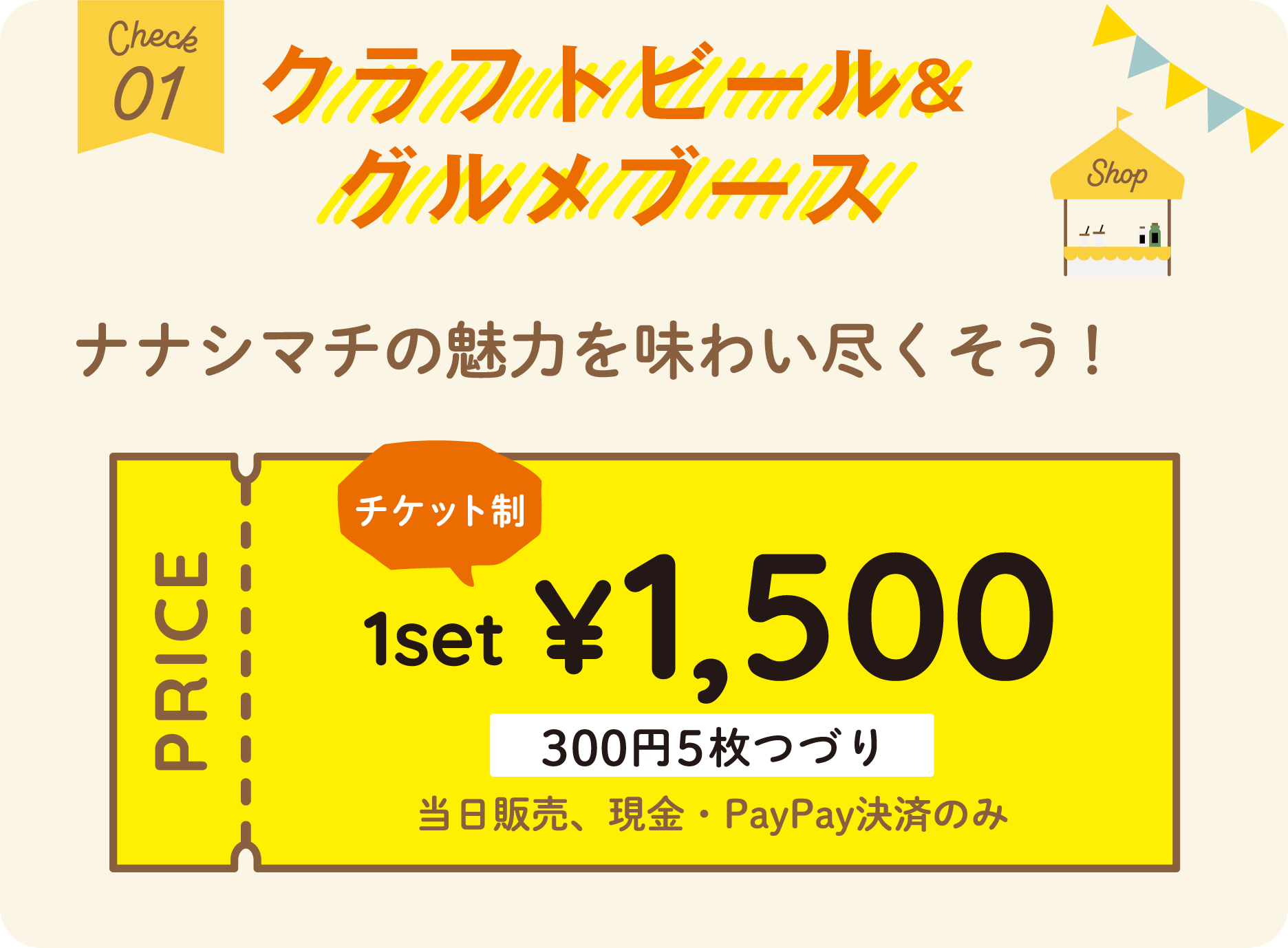 クラフトビール＆グルメブース ナナシマチの魅力を味わいつくそう！ チケット制 1set ¥1,500 300円5枚つづり 当日販売、現金・PayPay決済のみ