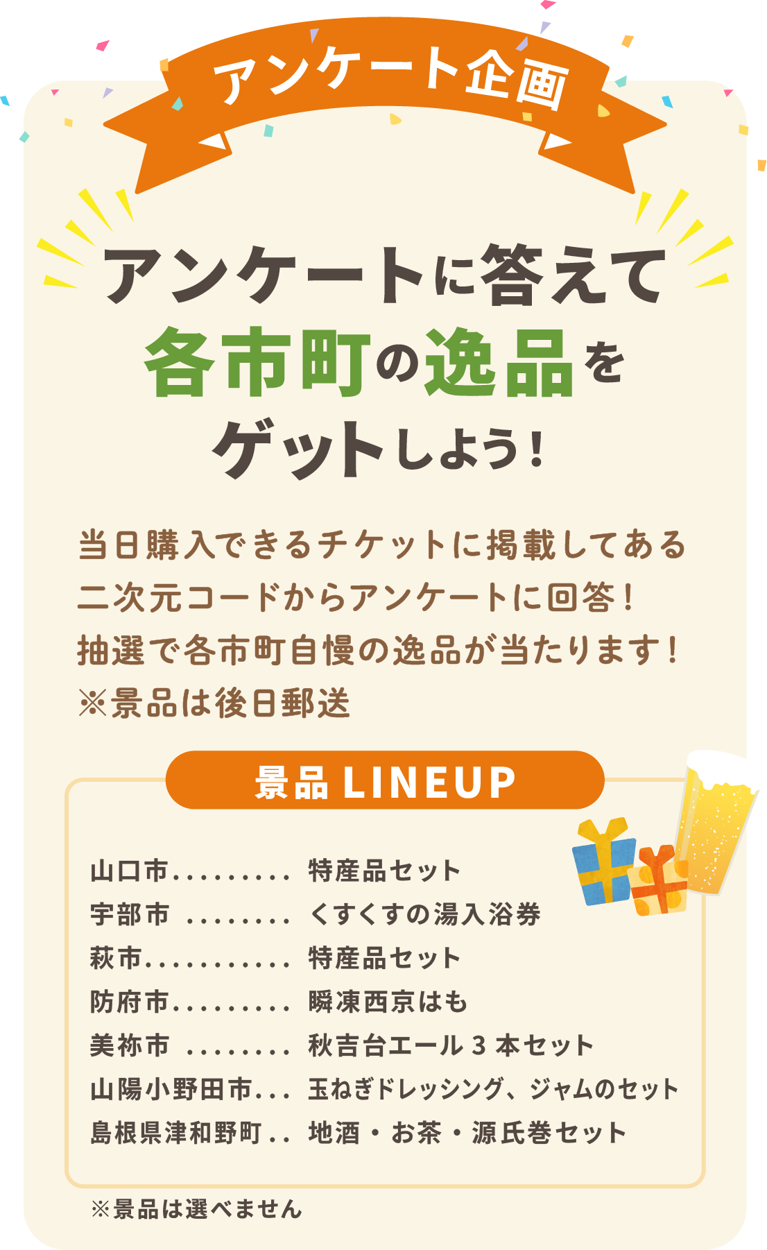 アンケート企画　アンケートに答えて各市町の逸品をゲットしよう！　当日購入できるチケットに掲載してある二次元コードからアンケートに回答！　抽選で各市町自慢の逸品が当たります！　※景品は後日郵送　景品LINEUP　山口市：特産品セット　宇部市：くすくすの湯入浴券　萩市：特産品セット　防府市：瞬凍西京はも　美祢市：秋吉台エール３本セット　山陽小野田市：玉ねぎドレッシング、ジャムのセット　島根県津和野町：地酒・お茶・源氏巻セット　※景品は選べません